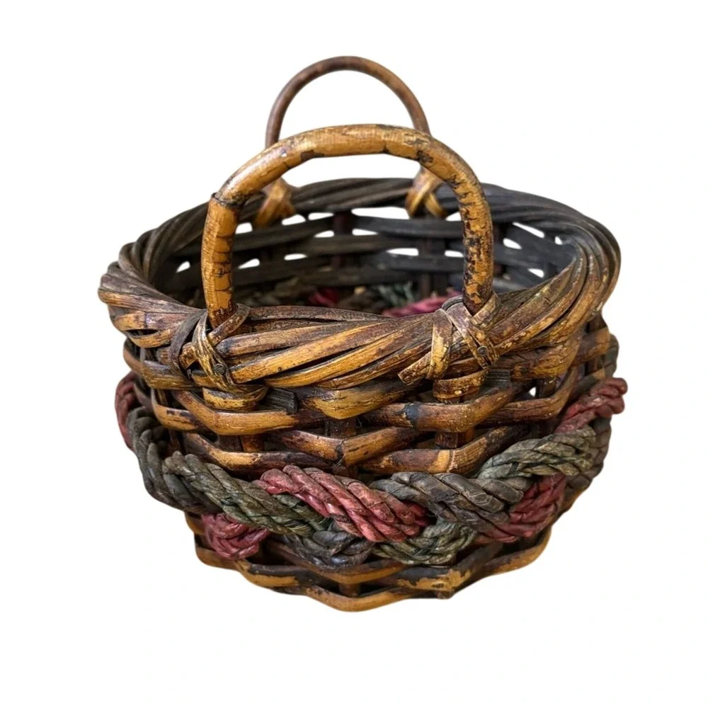 Vintage Round Small Basket Braided‎ Colored Accent Decor Rustic Cottagecore 7